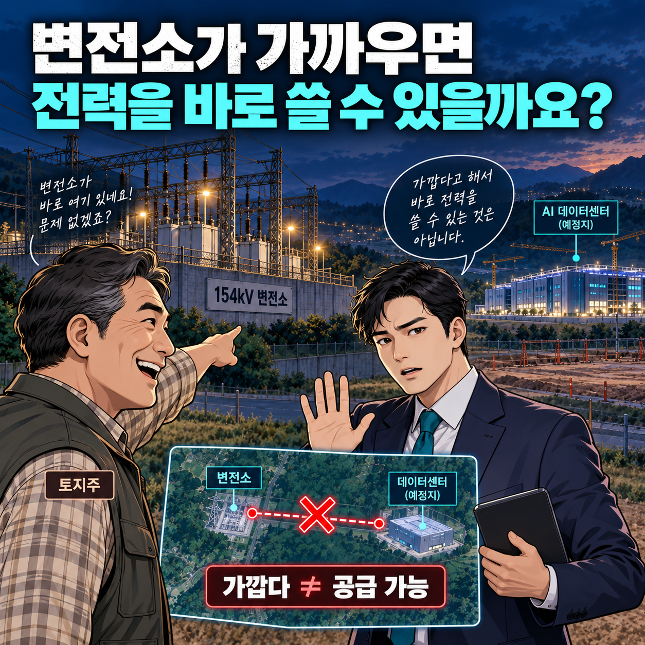 2컷. 변전소와 부지가 가까워도 전력을 바로 사용할 수 있는 것은 아닙니다