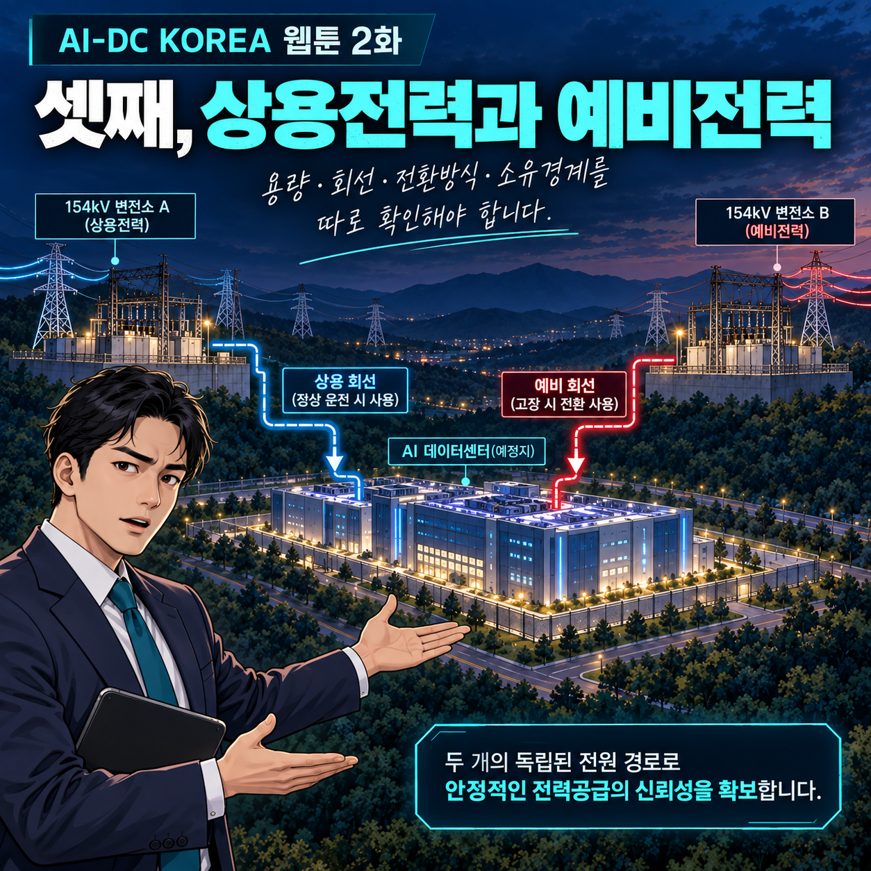 5컷. 상용전력과 예비전력의 용량, 회선, 전환방식과 소유경계를 구분합니다