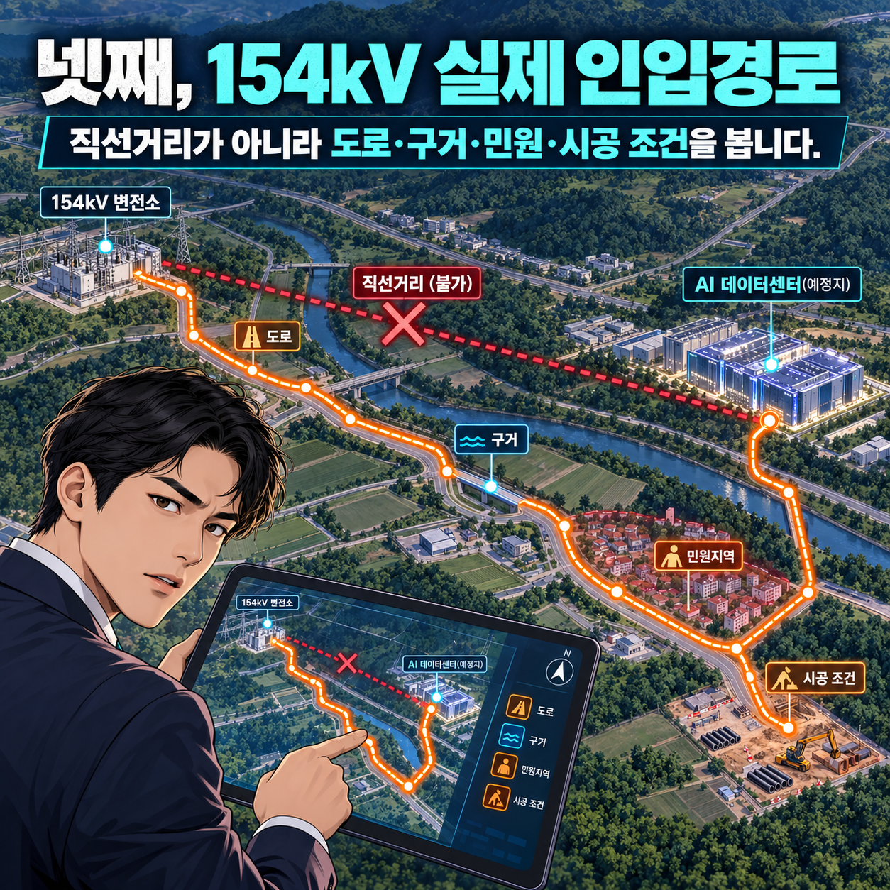 6컷. 154kV 인입은 직선거리가 아니라 실제 시공 가능한 경로로 검토합니다