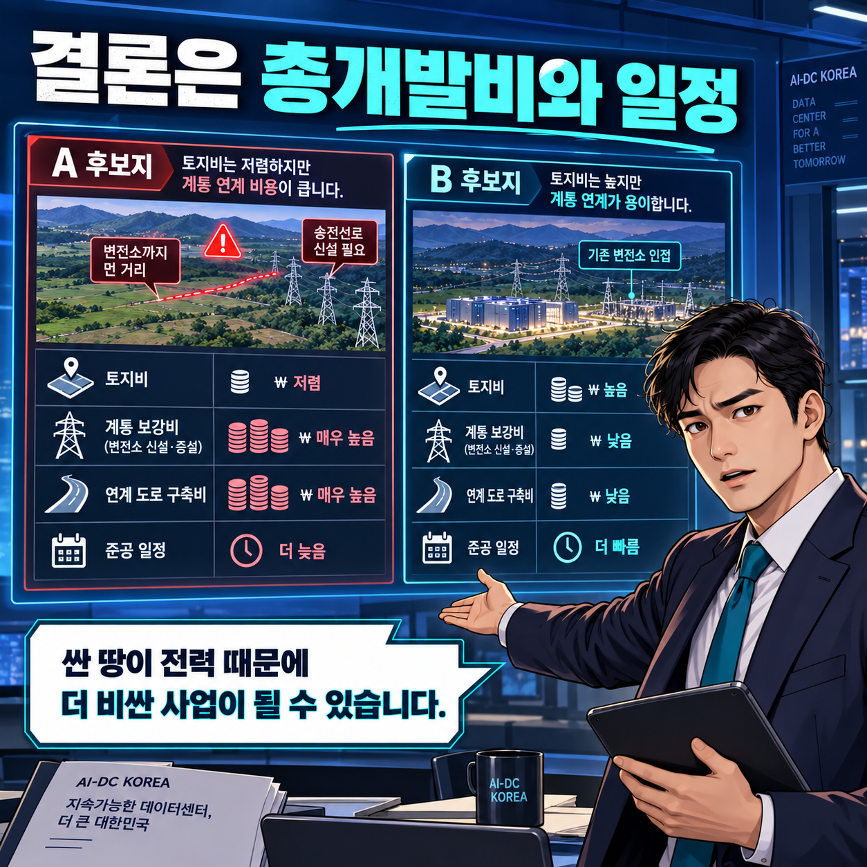 8컷. 토지비와 전력 연결비, 계통 보강비와 준공 일정을 총개발비로 비교합니다